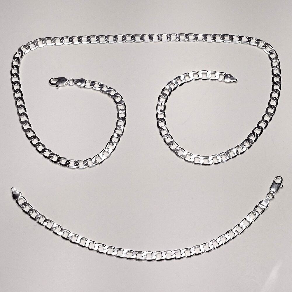 Sterling silver 925 Bracelet & Necklace Gift Set Cuban Chain Christmas Birthday!